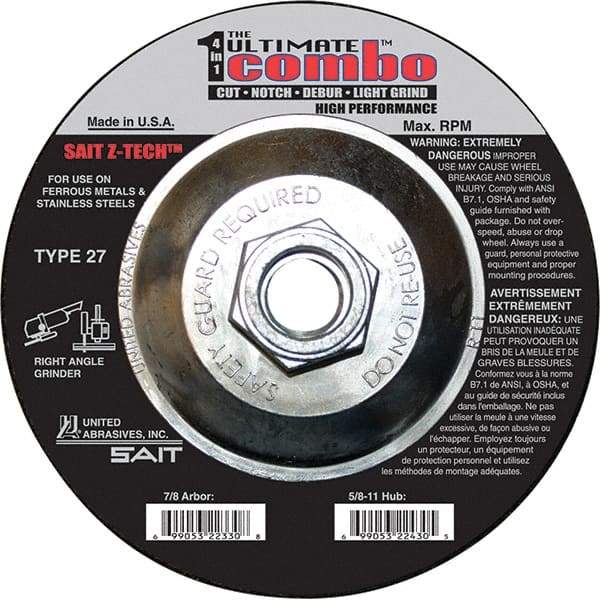 Sait - 6" Wheel Diam, Type 27 Depressed Center Wheel - Coarse Grade, Zirconia Alumina, 10,200 Max RPM - Industrial Tool & Supply