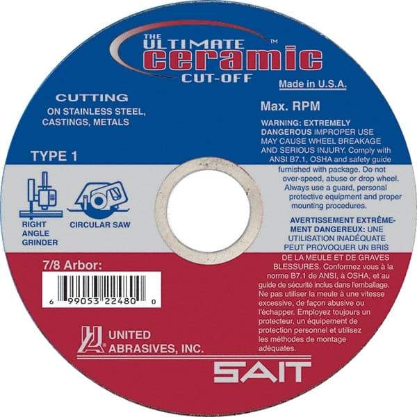 Sait - 5" 60 Grit Ceramic Cutoff Wheel - 0.045" Thick, 7/8" Arbor, 12,200 Max RPM, Use with Angle Grinders - Industrial Tool & Supply
