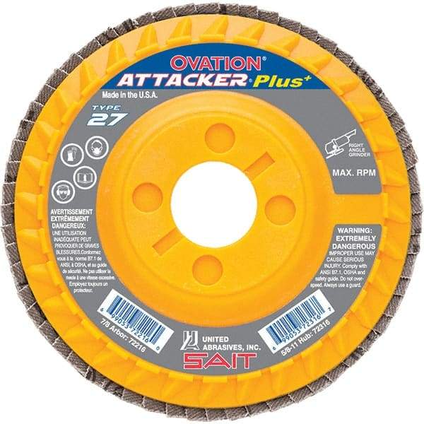 Sait - 40 Grit, 4-1/2" Disc Diam, 7/8" Center Hole, Type 27 Zirconia Alumina Flap Disc - 13,300 Max RPM, Plastic Backing, Arbor Attaching System, Coated - Industrial Tool & Supply