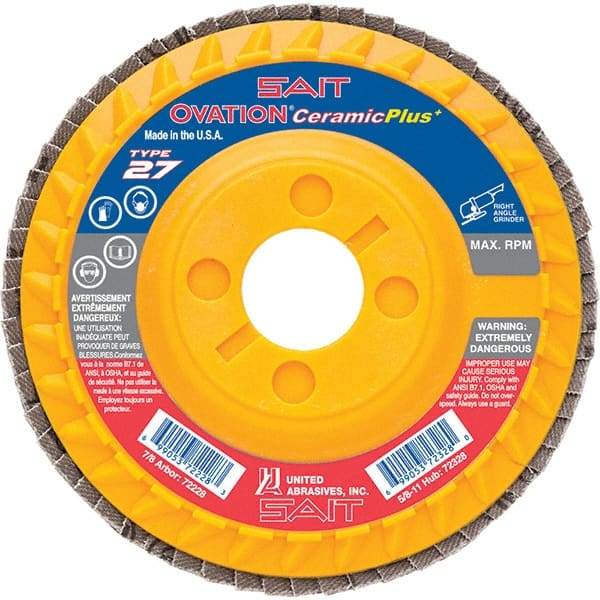 Sait - 60 Grit, 4-1/2" Disc Diam, 7/8" Center Hole, Type 27 Ceramic Flap Disc - 13,300 Max RPM, Plastic Backing, Arbor Attaching System, Coated - Industrial Tool & Supply
