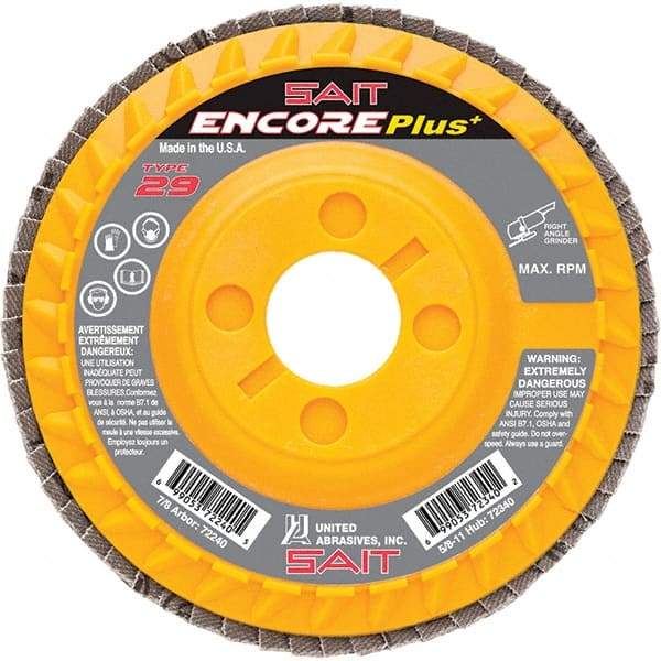 Sait - 80 Grit, 4-1/2" Disc Diam, 7/8" Center Hole, Type 29 Zirconia Alumina Flap Disc - 13,300 Max RPM, Plastic Backing, Arbor Attaching System, Coated - Industrial Tool & Supply