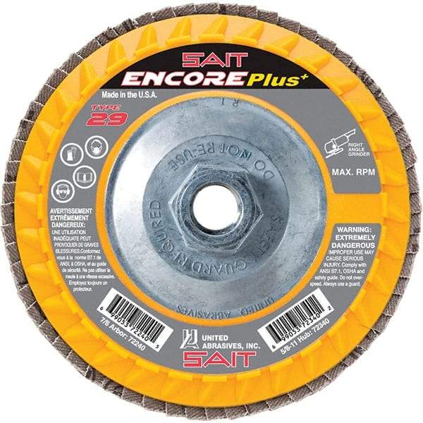 Sait - 80 Grit, 4-1/2" Disc Diam, 5/8-11 Center Hole, Type 29 Zirconia Alumina Flap Disc - 13,300 Max RPM, Plastic Backing, Arbor Attaching System, Coated - Industrial Tool & Supply