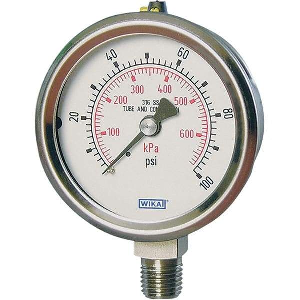 Wika - 2-1/2" Dial, 1/4 Thread, -1-4 Scale Range, Pressure Gauge - Lower Connection Mount, Accurate to 2-1-2% of Scale - Industrial Tool & Supply