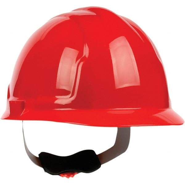 PRO-SAFE - ANSI Type I, Class E Rated, 4-Point, Ratchet Adjustment Hard Hat - Red, Standard Brim - Industrial Tool & Supply