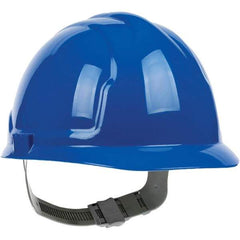 PRO-SAFE - ANSI Type I, Class E Rated, 4-Point, Pin Lock Adjustment Hard Hat - Blue, Standard Brim - Industrial Tool & Supply