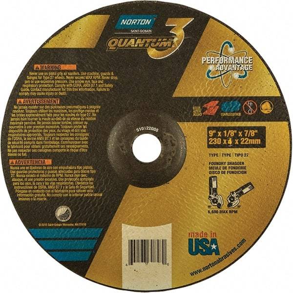 Norton - 24 Grit, 9" Wheel Diam, 1/8" Wheel Thickness, 7/8" Arbor Hole, Type 27 Depressed Center Wheel - Coarse Grade, Ceramic, Resinoid Bond, 6,600 Max RPM - Industrial Tool & Supply