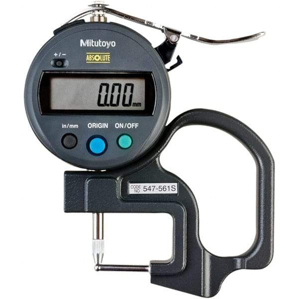Mitutoyo - 0mm to 12mm Measurement, 0.01mm Resolution Electronic Thickness Gage - Accurate up to 0.001", 1.5 N Measuring Force - Industrial Tool & Supply
