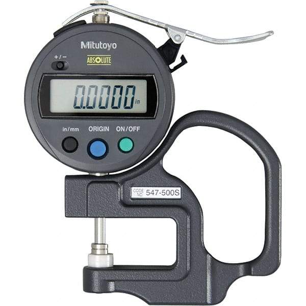 Mitutoyo - 0mm to 12mm Measurement, 0.01mm Resolution Electronic Thickness Gage - Accurate up to 0.001", 1.5 N Measuring Force - Industrial Tool & Supply