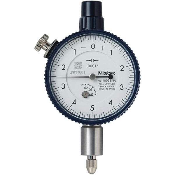 Mitutoyo - 1/4" Range, 0-5-0 Dial Reading, 0.0001" Graduation Dial Drop Indicator - 40mm Dial, 0.01" Range per Revolution, 0.0001" Accuracy, Revolution Counter - Industrial Tool & Supply