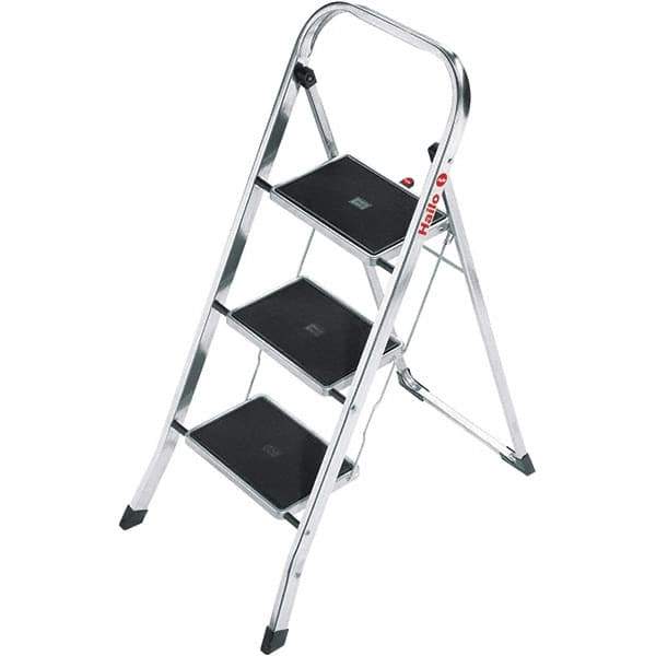 Hailo - 3 Steps, 3' 4" High, EN14183 Rating, Aluminum Step Ladder - 330 Lb Capacity, 18-1/2" Base Width - Industrial Tool & Supply