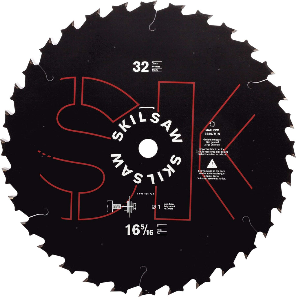 Skilsaw - 16-5/16" Diam, 1" Arbor Hole Diam, 32 Tooth Wet & Dry Cut Saw Blade - Carbide-Tipped, Cutoff Action, Standard Round Arbor - Industrial Tool & Supply