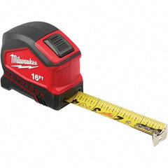Milwaukee Tool - 16' x 1" Yellow Steel Blade Tape Measure - 1/16" & 1/10' Graduation, Inch Graduation Style, Red/Black Plastic Case - Industrial Tool & Supply