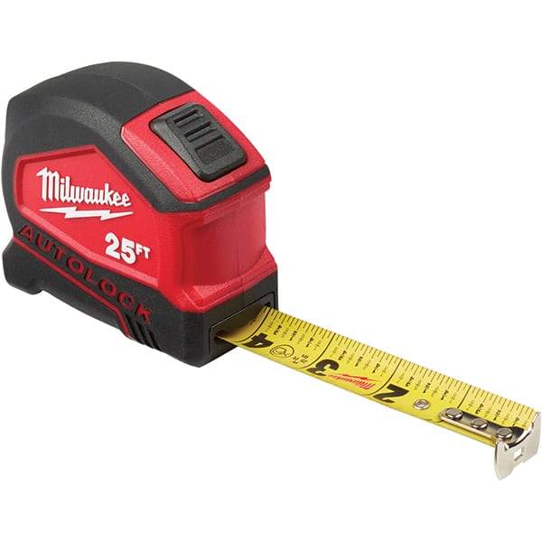 Milwaukee Tool - 25' x 1" Yellow Steel Blade Tape Measure - 1/16" & 1/10' Graduation, Inch Graduation Style, Red/Black Plastic Case - Industrial Tool & Supply