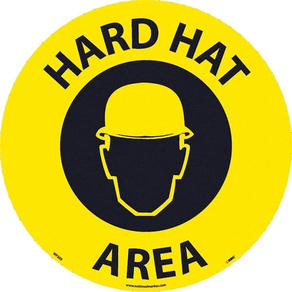 NMC - Hard Hat Area, Anti-Skid Pressure-Sensitive Vinyl Floor Sign - Round, Black on Yellow, Adhesive Backed, For Restroom, Janitorial & Housekeeping - Industrial Tool & Supply