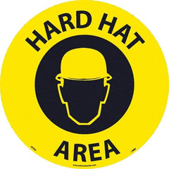 NMC - Hard Hat Area, Anti-Skid Pressure-Sensitive Vinyl Floor Sign - Round, Black on Yellow, Adhesive Backed, For Restroom, Janitorial & Housekeeping - Industrial Tool & Supply