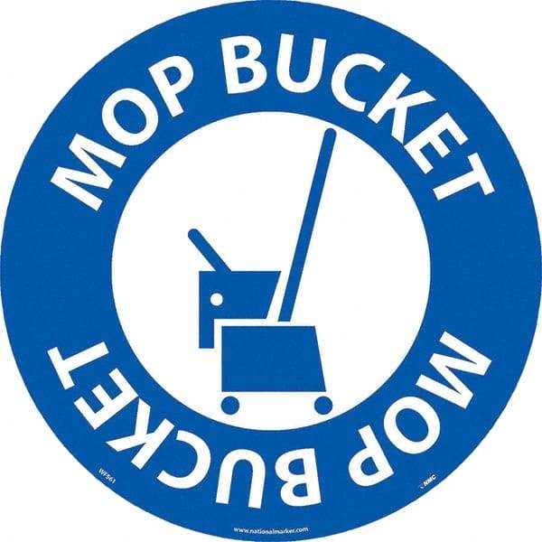 NMC - Mop Bucket, Anti-Skid Pressure-Sensitive Vinyl Floor Sign - Round, White on Blue, Adhesive Backed, For Restroom, Janitorial & Housekeeping - Industrial Tool & Supply