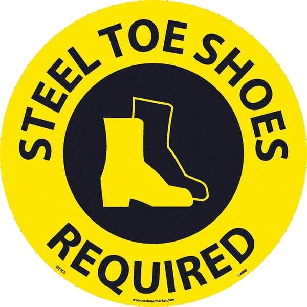 NMC - Steel Toe Shoes Required, Anti-Skid Pressure-Sensitive Vinyl Floor Sign - Round, Black on Yellow, Adhesive Backed, For Restroom, Janitorial & Housekeeping - Industrial Tool & Supply