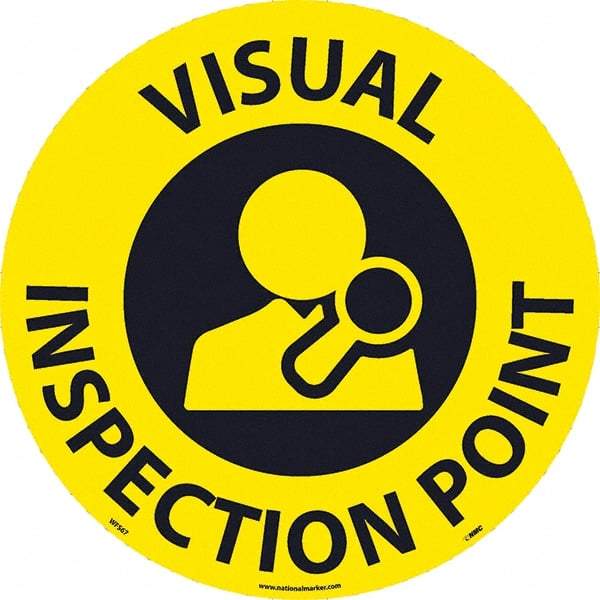 NMC - Visual Inspection Point, Anti-Skid Pressure-Sensitive Vinyl Floor Sign - Round, Black on Yellow, Adhesive Backed, For Restroom, Janitorial & Housekeeping - Industrial Tool & Supply