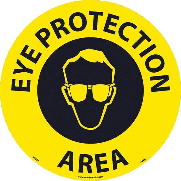 NMC - Eye Protection Area, Anti-Skid Pressure-Sensitive Vinyl Floor Sign - Round, Black on Yellow, Adhesive Backed, For Restroom, Janitorial & Housekeeping - Industrial Tool & Supply