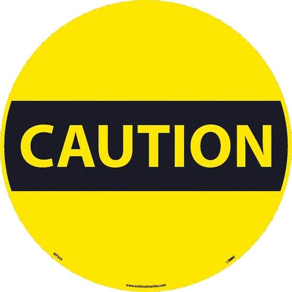 NMC - Caution, Anti-Skid Pressure-Sensitive Vinyl Floor Sign - Round, Black on Yellow, Adhesive Backed, For Restroom, Janitorial & Housekeeping - Industrial Tool & Supply