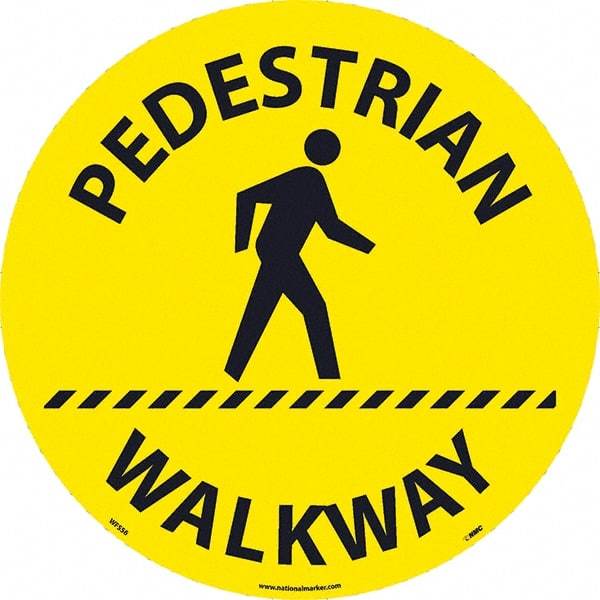 NMC - Pedestrian Walkway, Anti-Skid Pressure-Sensitive Vinyl Floor Sign - Round, Black on Yellow, Adhesive Backed, For Restroom, Janitorial & Housekeeping - Industrial Tool & Supply