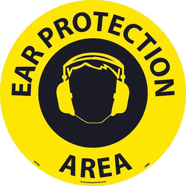 NMC - Ear Protection Area, Anti-Skid Pressure-Sensitive Vinyl Floor Sign - Round, Black on Yellow, Adhesive Backed, For Restroom, Janitorial & Housekeeping - Industrial Tool & Supply