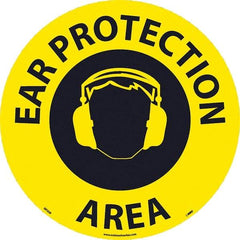 NMC - Ear Protection Area, Anti-Skid Pressure-Sensitive Vinyl Floor Sign - Round, Black on Yellow, Adhesive Backed, For Restroom, Janitorial & Housekeeping - Industrial Tool & Supply