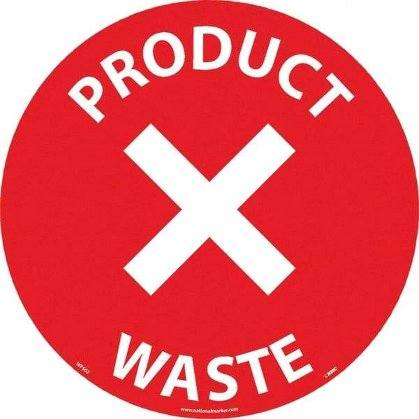 NMC - Product Waste, Anti-Skid Pressure-Sensitive Vinyl Floor Sign - Round, White on Red, Adhesive Backed, For Restroom, Janitorial & Housekeeping - Industrial Tool & Supply
