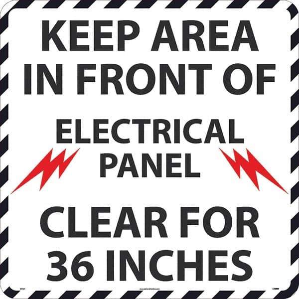 NMC - Keep Area in Front of Electrical Panel Clear 36", Anti-Skid Pressure-Sensitive Vinyl Floor Sign - Round, Black on White, Adhesive Backed, For Restroom, Janitorial & Housekeeping - Industrial Tool & Supply