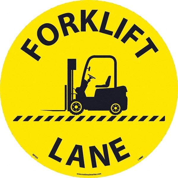 NMC - Forklift Lane, Anti-Skid Pressure-Sensitive Vinyl Floor Sign - Round, Black on Yellow, Adhesive Backed, For Restroom, Janitorial & Housekeeping - Industrial Tool & Supply