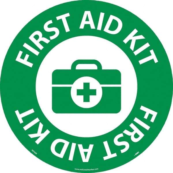 NMC - First Aid Kit, Anti-Skid Pressure-Sensitive Vinyl Floor Sign - Round, White on Green, Adhesive Backed, For Restroom, Janitorial & Housekeeping - Industrial Tool & Supply