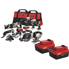 Porter-Cable - 20 Volt Cordless Tool Combination Kit - Includes 1/2" Drill/Driver, 1/4" Impact Driver, 6-1/2" Circular Saw, Reciprocating Tiger Saw, Jig Saw, Oscillating Multi-Tool, Cut-Off Tool, Grinder & Flashlight, Lithium-Ion Battery Included - Industrial Tool & Supply