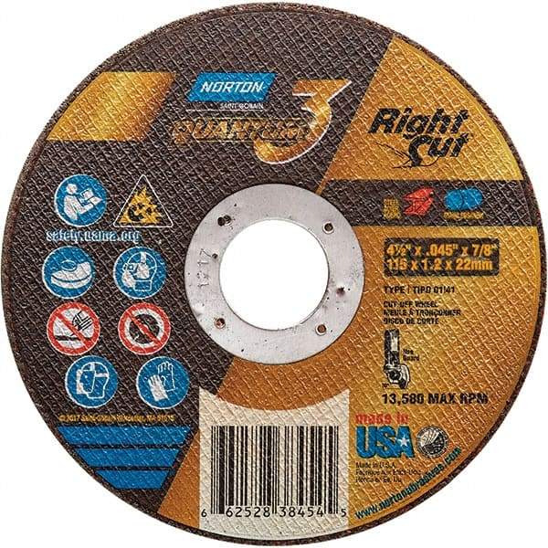 Norton - 4-1/2" 36 Grit Ceramic Alumina Cutoff Wheel - 0.045" Thick, 7/8" Arbor, 13,580 Max RPM, Use with Angle Grinders - Industrial Tool & Supply