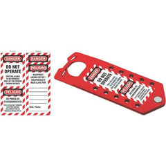 NMC - Single Jaw, 1 to 2" Jaw Diam, 10 PadLocks, Aluminum Lockout Hasp - Scissor Action, 3" Long x 7-1/2" Wide, Red - Industrial Tool & Supply