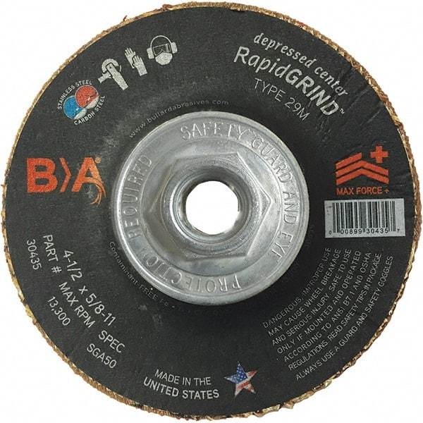 BULLARD - 50 Grit, 4-1/2" Wheel Diam, 1/8" Wheel Thickness, Type 29 Depressed Center Wheel - Coarse Grade, Ceramic, 13,300 Max RPM, Compatible with Angle Grinder - Industrial Tool & Supply