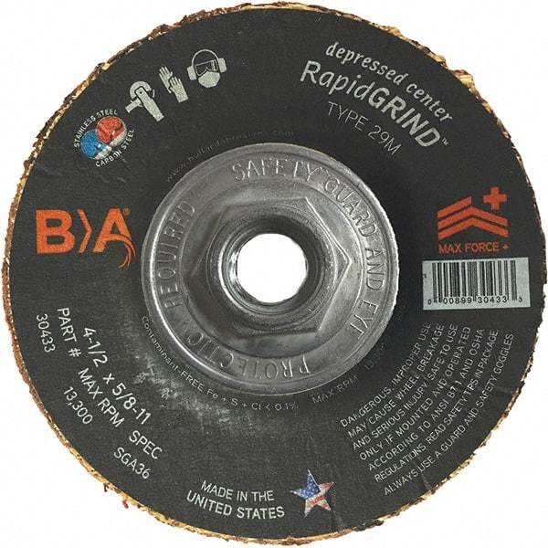 BULLARD - 36 Grit, 4-1/2" Wheel Diam, 1/8" Wheel Thickness, Type 29 Depressed Center Wheel - Coarse/Extra Coarse Grade, Ceramic, 13,300 Max RPM, Compatible with Angle Grinder - Industrial Tool & Supply
