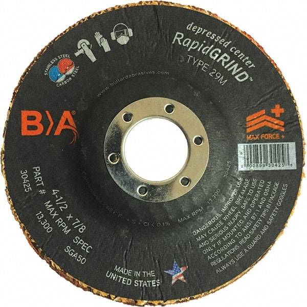 BULLARD - 50 Grit, 4-1/2" Wheel Diam, 1/8" Wheel Thickness, 7/8" Arbor Hole, Type 29 Depressed Center Wheel - Coarse Grade, Ceramic, 13,300 Max RPM, Compatible with Angle Grinder - Industrial Tool & Supply