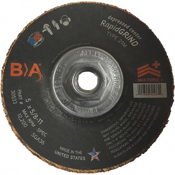 BULLARD - 36 Grit, 5" Wheel Diam, 1/8" Wheel Thickness, Type 29 Depressed Center Wheel - Coarse/Extra Coarse Grade, Ceramic, 12,200 Max RPM, Compatible with Angle Grinder - Industrial Tool & Supply