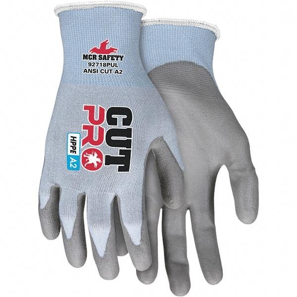 MCR Safety - Size S, ANSI Cut Lvl A2, Polyurethane Coated HPPE Fiber/Stainless Steel Cut Resistant Gloves - Palm & Fingers Coated, HPPE/Stainless Steel Blend Lining, Knit Wrist, Blue, Paired - Industrial Tool & Supply