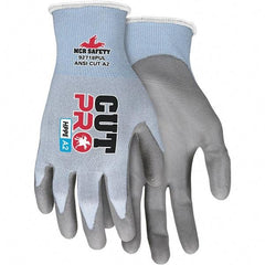 MCR Safety - Size S, ANSI Cut Lvl A2, Polyurethane Coated HPPE Fiber/Stainless Steel Cut Resistant Gloves - Palm & Fingers Coated, HPPE/Stainless Steel Blend Lining, Knit Wrist, Blue, Paired - Industrial Tool & Supply