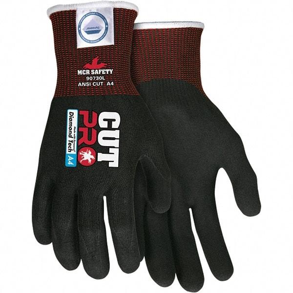 MCR Safety - Size L, ANSI Cut Lvl A4, Nitrile Coated Dyneema or Dyneema Alternative Cut Resistant Gloves - Palm & Fingers Coated, Dyneema Lining, Knit Wrist, Black, Paired - Industrial Tool & Supply