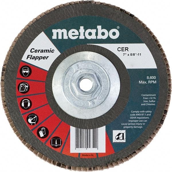 Metabo - 40 Grit, 7" Disc Diam, 5/8-11 Center Hole, Type 29 Ceramic Flap Disc - 8,600 Max RPM, Fiberglass Backing, Arbor Attaching System, Coated - Industrial Tool & Supply