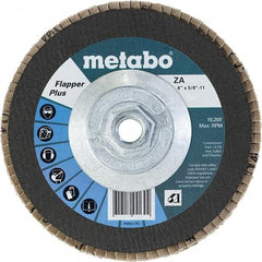 Metabo - 80 Grit, 6" Disc Diam, 5/8-11 Center Hole, Type 27 Zirconia Alumina Flap Disc - 10,200 Max RPM, Fiberglass Backing, Arbor Attaching System, Coated - Industrial Tool & Supply