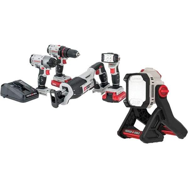 Porter-Cable - 20 Volt Cordless Tool Combination Kit - Includes Drill/Driver, Reciprocating Saw, Impact Driver & Flashlight, Lithium-Ion Battery Included - Industrial Tool & Supply