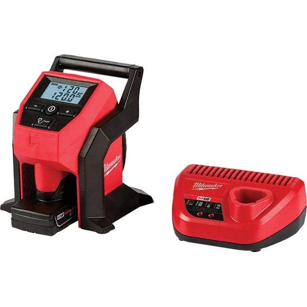 Milwaukee Tool - 12 Volt Automatic Tire Inflator Tool - 120 psi, 26" Hose Length, Tool Only, Auto Shut-Off, Compact, Portable, Anti-Vibration Feet, Weather Resistant, Impact Resistant - Industrial Tool & Supply