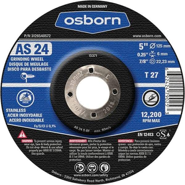 Osborn - 24 Grit, 5" Wheel Diam, 1/4" Wheel Thickness, 7/8" Arbor Hole, Type 27 Depressed Center Wheel - Coarse Grade, Aluminum Oxide, 12,225 Max RPM - Industrial Tool & Supply