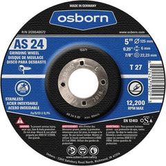 Osborn - 24 Grit, 5" Wheel Diam, 1/4" Wheel Thickness, 7/8" Arbor Hole, Type 27 Depressed Center Wheel - Coarse Grade, Aluminum Oxide, 12,225 Max RPM - Industrial Tool & Supply