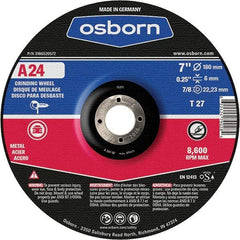 Osborn - 24 Grit, 7" Wheel Diam, 1/4" Wheel Thickness, 7/8" Arbor Hole, Type 27 Depressed Center Wheel - Coarse Grade, Aluminum Oxide, 8,600 Max RPM - Industrial Tool & Supply