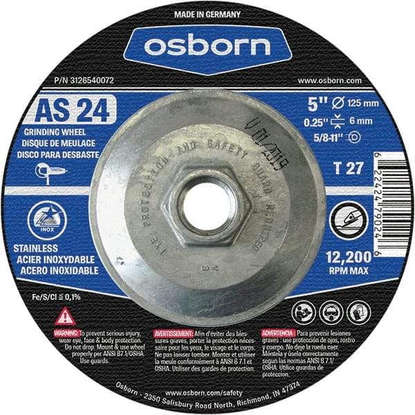 Osborn - 24 Grit, 5" Wheel Diam, 1/4" Wheel Thickness, Type 27 Depressed Center Wheel - Coarse Grade, Aluminum Oxide, 12,225 Max RPM - Industrial Tool & Supply
