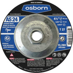 Osborn - 24 Grit, 4-1/2" Wheel Diam, 1/4" Wheel Thickness, Type 27 Depressed Center Wheel - Coarse Grade, Aluminum Oxide, 13,280 Max RPM - Industrial Tool & Supply